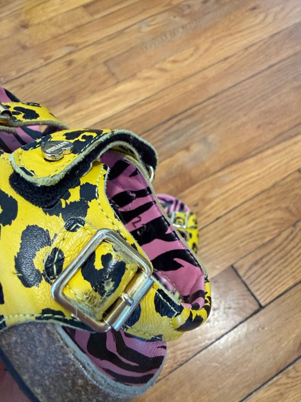 Moschino Kids Yellow Leopard Print birk cork Sandals Pink Zebra Insole 23 - US 7